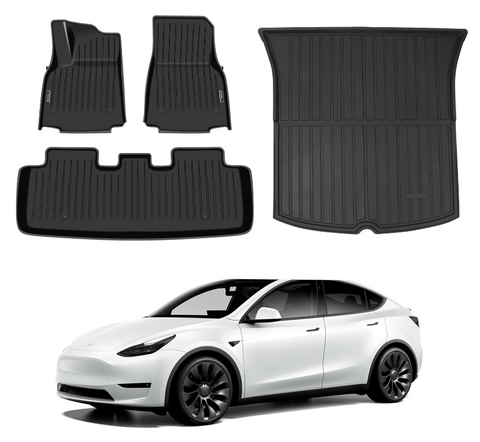 3D Floor Mats Compatible with 2024 2023 2022 2021 Tesla Model Y Custom Fit Black TPE Floor Liners 1st & 2nd Row All-Weather Protection(Floor mats)