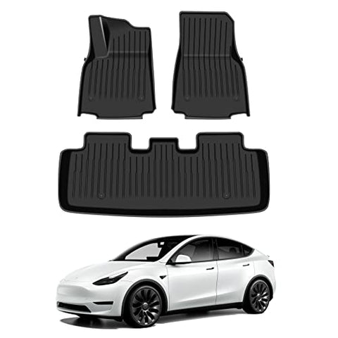 3D Floor Mats Compatible with 2024 2023 2022 2021 Tesla Model Y Custom Fit Black TPE Floor Liners 1st & 2nd Row All-Weather Protection(Floor mats)