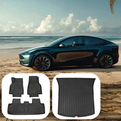 4PCS Tesla Model Y Floor Mats TPE All-Weather Floor Liners & Trunk Mat Set Rear Cargo Liner Interior Accessories for 5-Seater Model Y 2020-2023