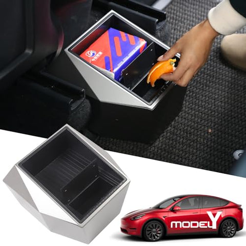 For 2021-2024 Tesla Model Y Rear Center Console Organizer Behind 2nd Row Under Seat Storage Tissue Box With Removable Trash Can Garbage Bin Back Seat Interior Accessories for Inside Storage