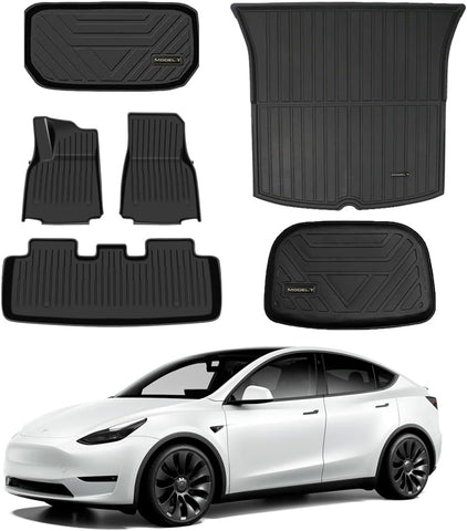 3D Floor Mats Compatible with 2024 2023 2022 2021 Tesla Model Y Custom Fit Black TPE Floor Liners 1st & 2nd Row All-Weather Protection(Floor mats)