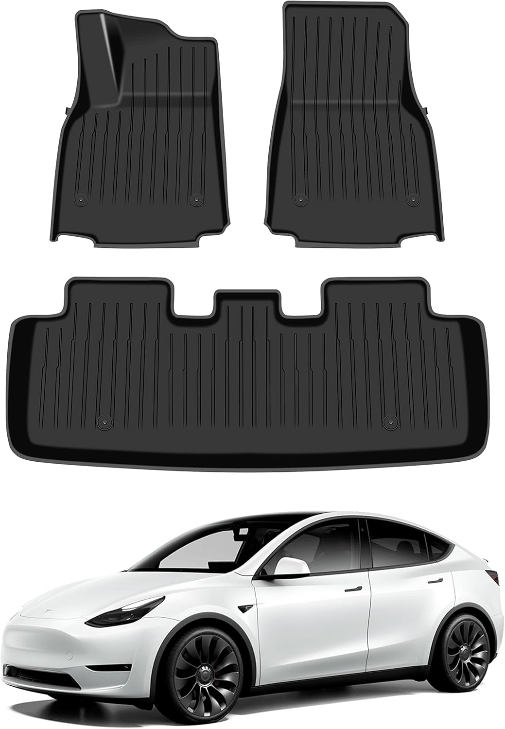 3D Floor Mats Compatible with 2024 2023 2022 2021 Tesla Model Y Custom Fit Black TPE Floor Liners 1st & 2nd Row All-Weather Protection(Floor mats)