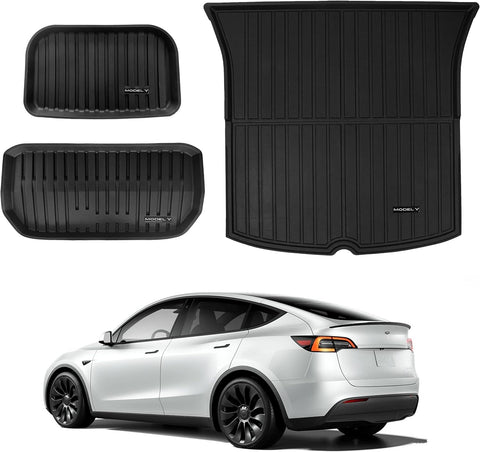 3D Floor Mats Compatible with 2024 2023 2022 2021 Tesla Model Y Custom Fit Black TPE Floor Liners 1st & 2nd Row All-Weather Protection(Floor mats)